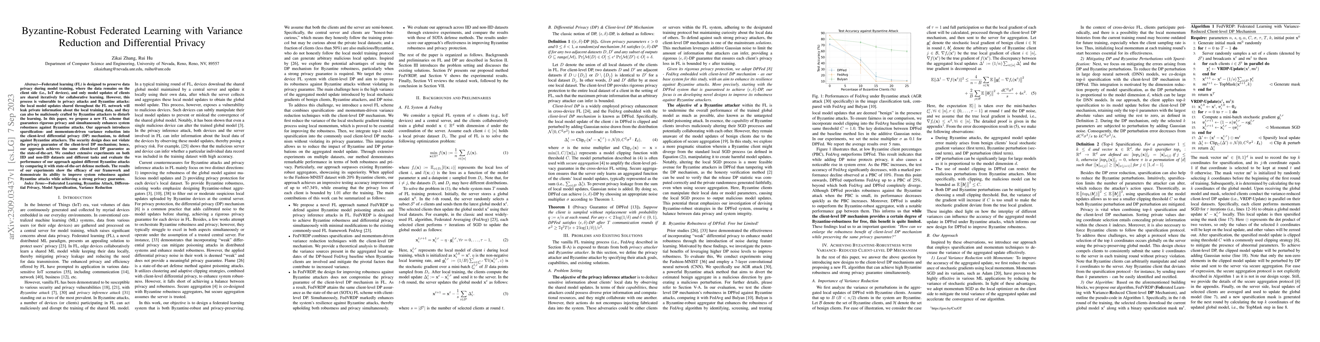 Thumbnail for Byzantine-Robust Federated Learning with Variance Reduction and
  Differential Privacy