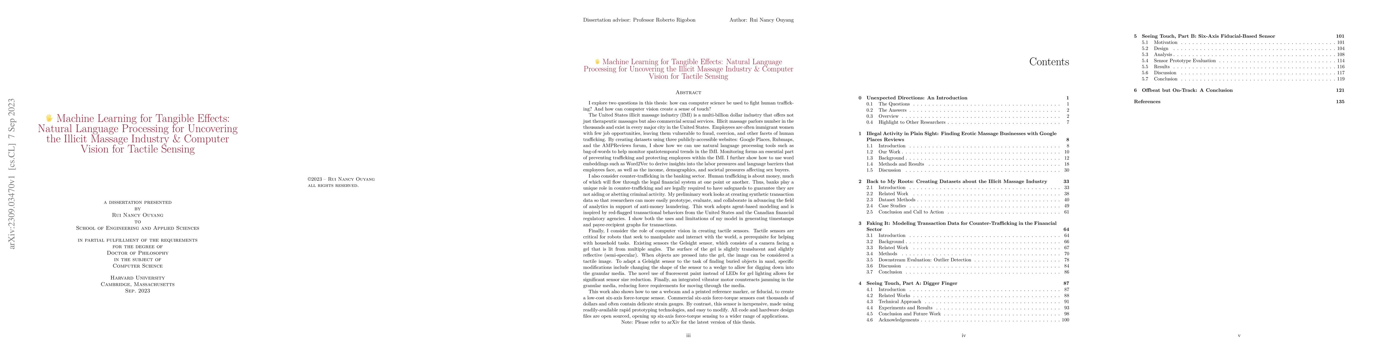 Thumbnail for Machine Learning for Tangible Effects: Natural Language Processing for
  Uncovering the Illicit Massage Industry & Computer Vision for Tactile Sensing