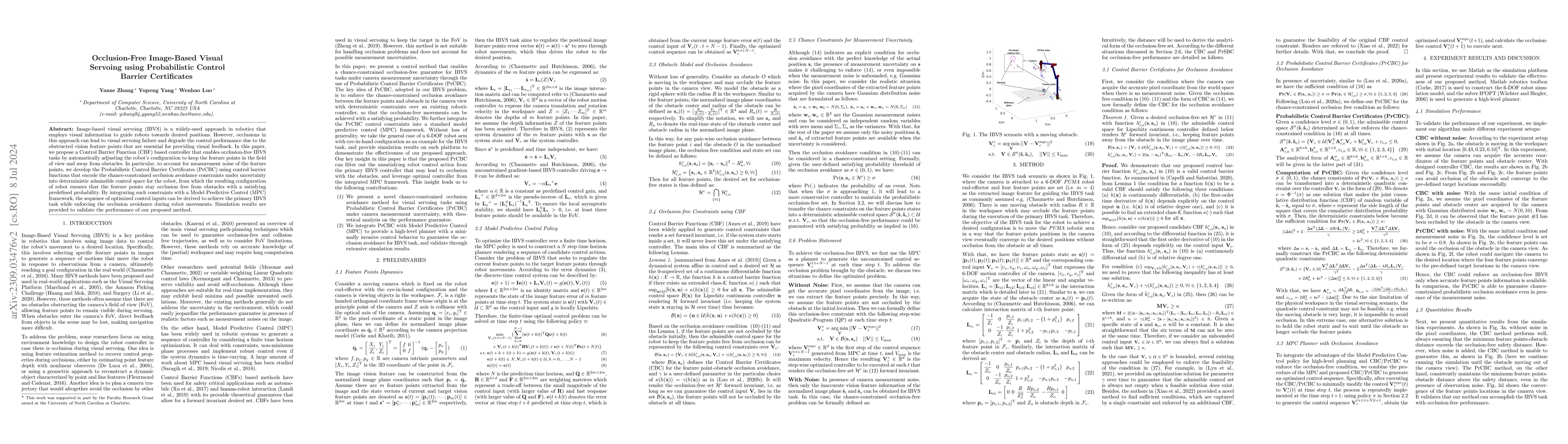 Thumbnail for Occlusion-Free Image Based Visual Servoing using Probabilistic Control
  Barrier Certificates