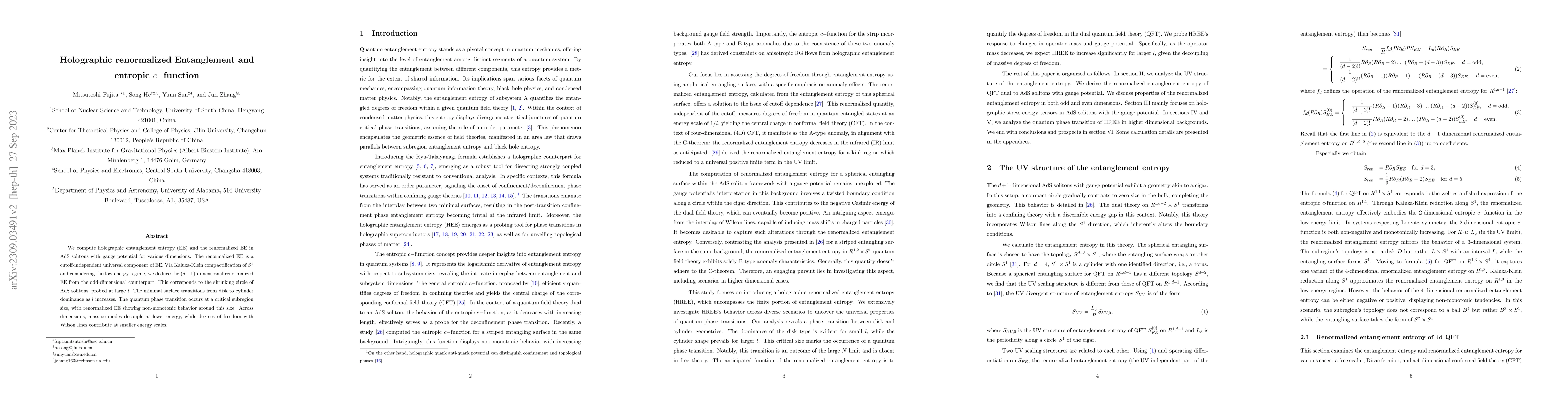 Thumbnail for Holographic renormalized Entanglement and entropic $c-$function