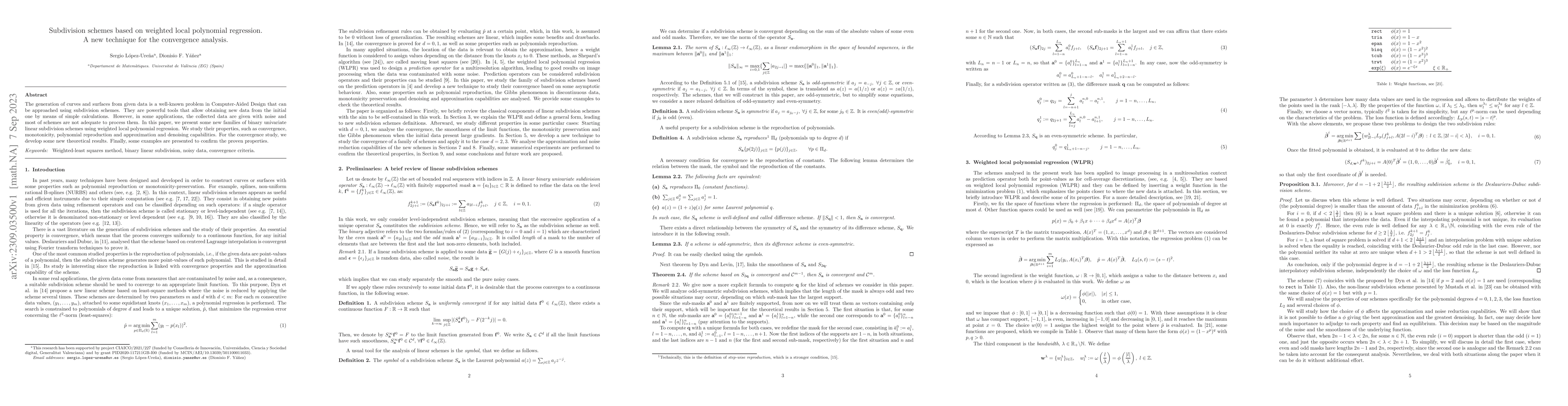 Thumbnail for Subdivision schemes based on weighted local polynomial regression. A new
  technique for the convergence analysis