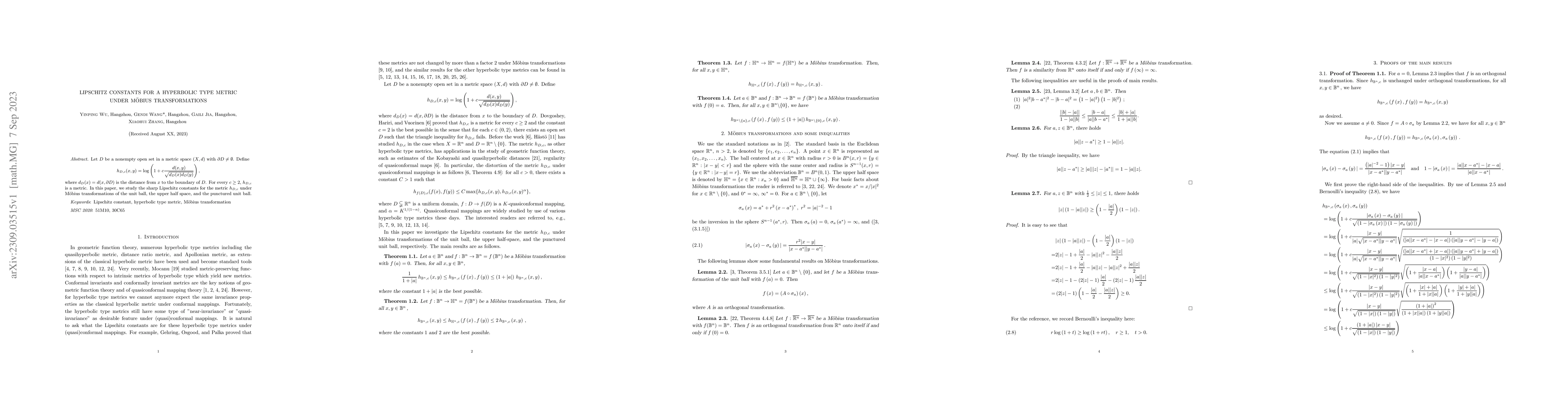 Thumbnail for Lipschitz constants for a hyperbolic type metric under M\"obius
  transformations