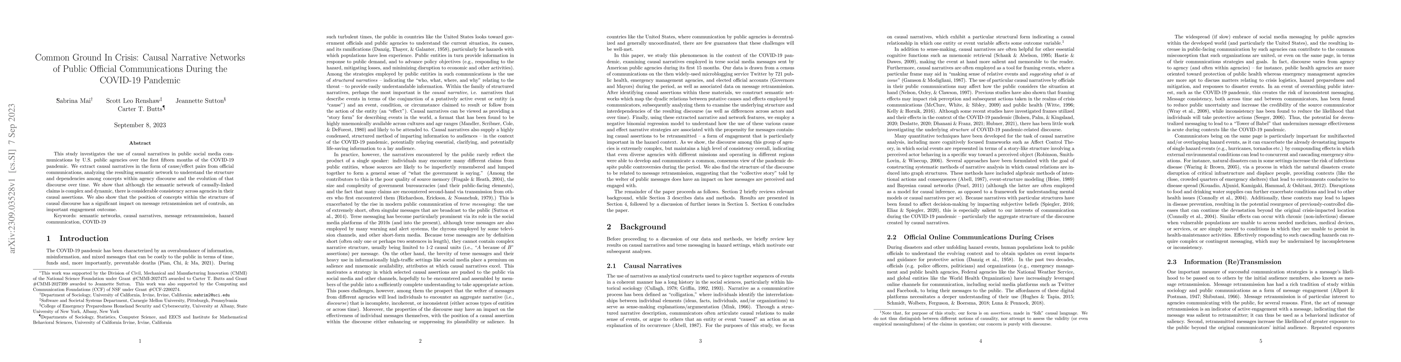 Thumbnail for Common Ground In Crisis: Causal Narrative Networks of Public Official
  Communications During the COVID-19 Pandemic
