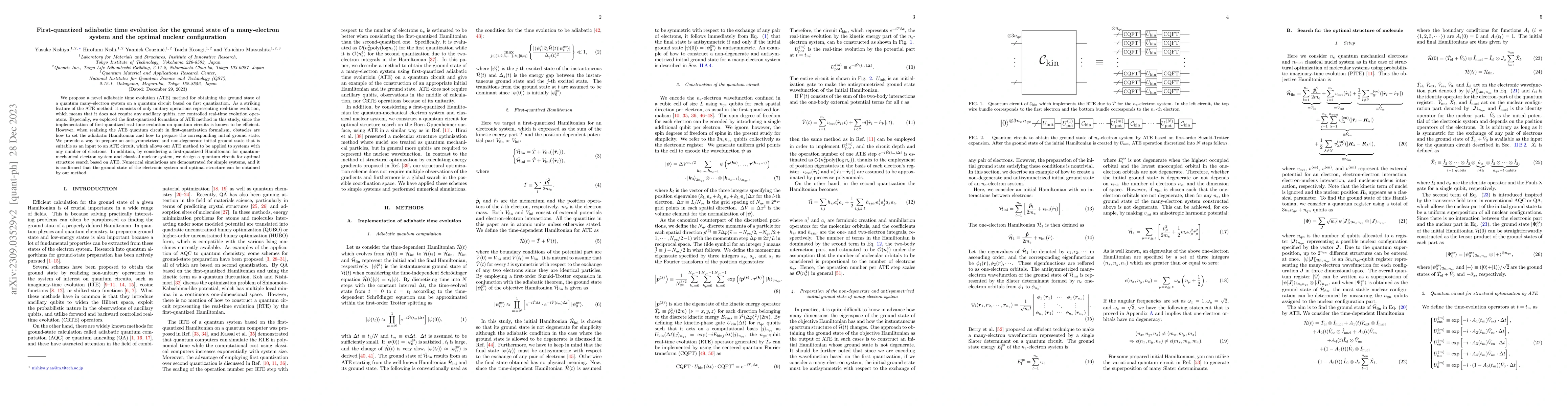Thumbnail for First-quantized adiabatic time evolution for the ground state of a
  many-electron system and the optimal nuclear configuration