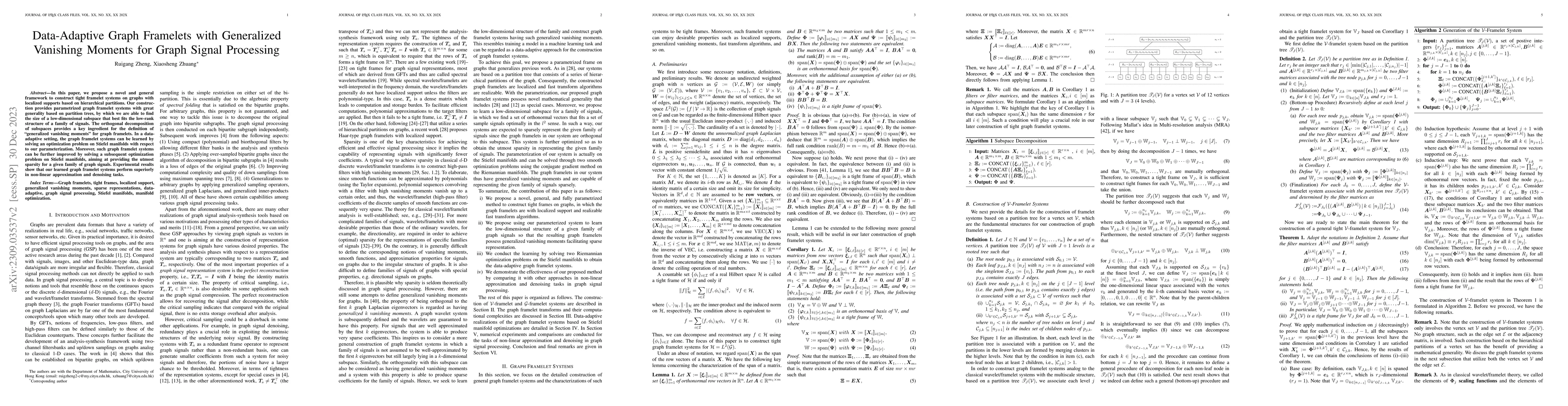Thumbnail for Data-Adaptive Graph Framelets with Generalized Vanishing Moments for
  Graph Signal Processing