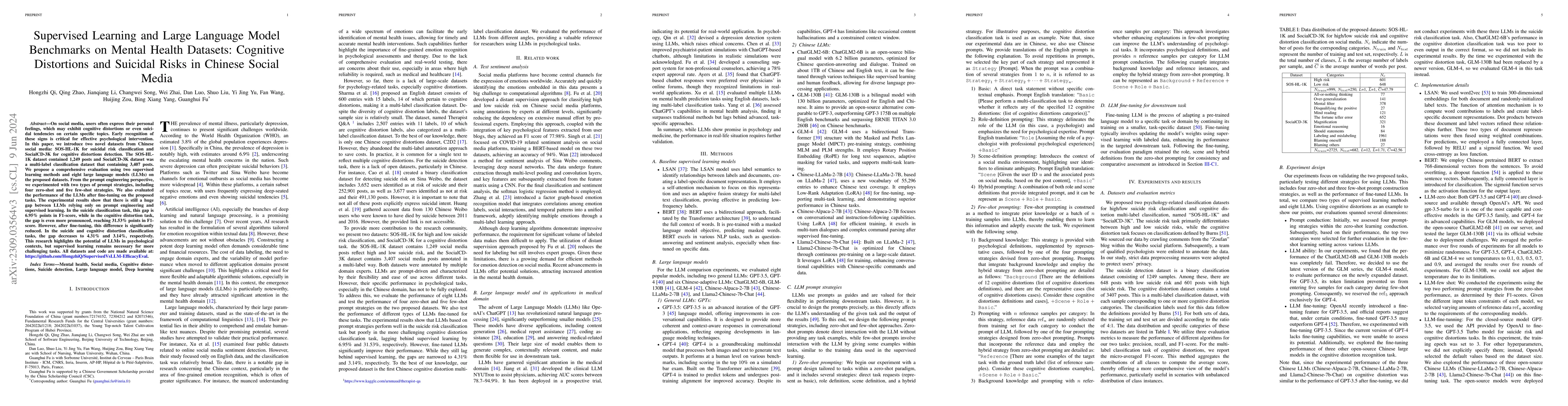 Thumbnail for Supervised Learning and Large Language Model Benchmarks on Mental Health
  Datasets: Cognitive Distortions and Suicidal Risks in Chinese Social Media