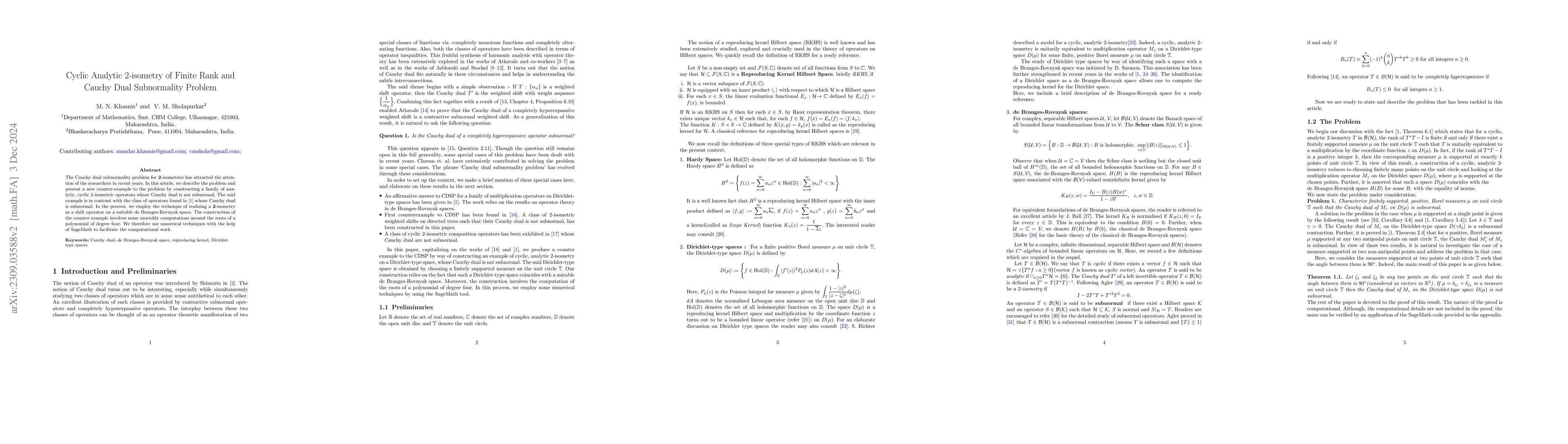 Thumbnail for Cyclic Analytic 2-isometry of Finite Rank and Cauchy Dual Subnormality
  Problem