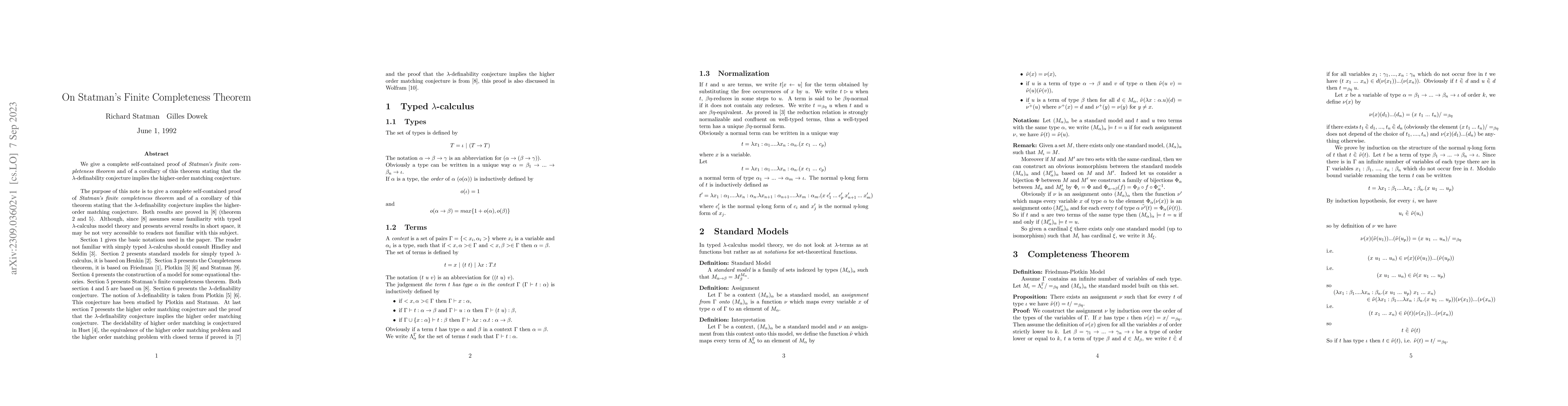 Thumbnail for On Statman's Finite Completeness Theorem