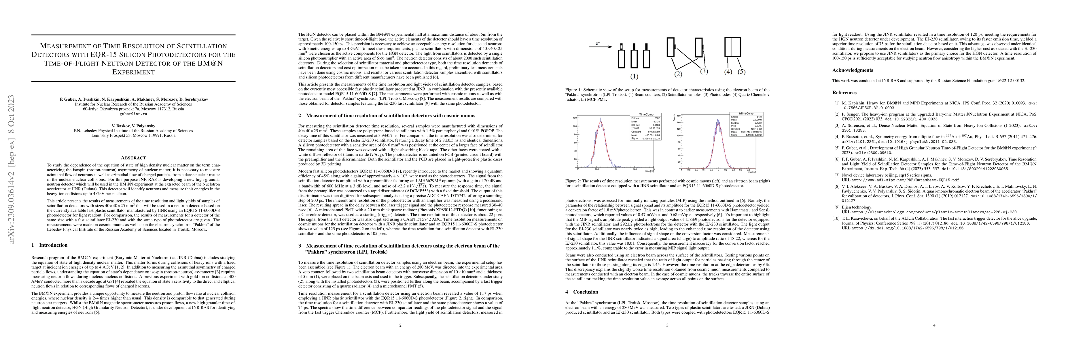 Thumbnail for Measurement of Time Resolution of Scintillation Detectors with EQR-15
  Silicon Photodetectors for the Time-of-Flight Neutron Detector of the BM@N
  Experiment
