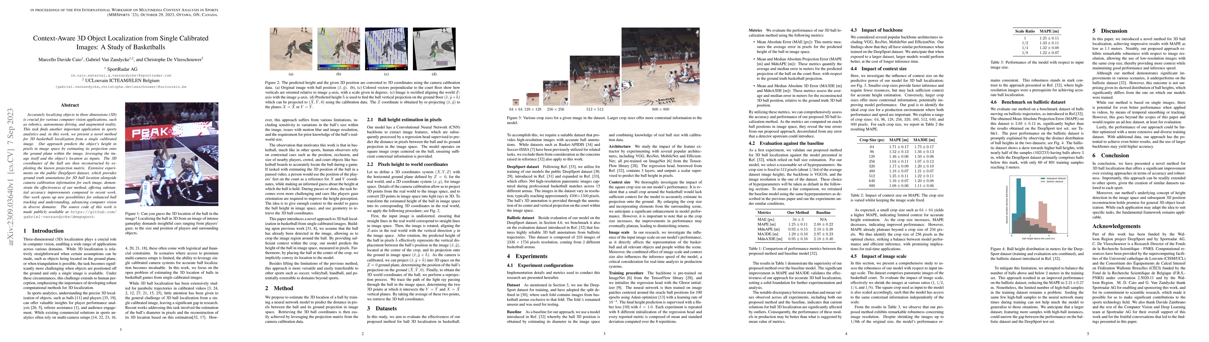 Thumbnail for Context-Aware 3D Object Localization from Single Calibrated Images: A
  Study of Basketballs