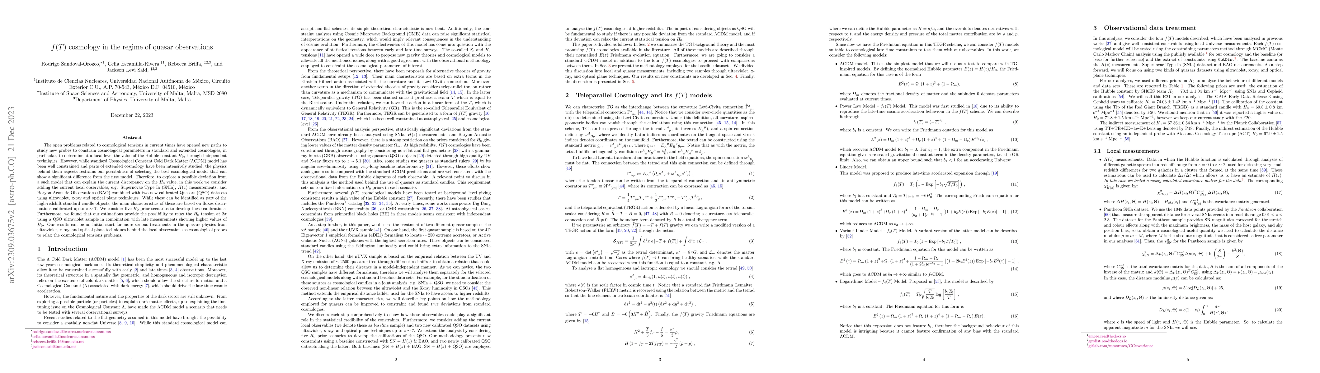 Thumbnail for $f(T)$ cosmology in the regime of quasar observations