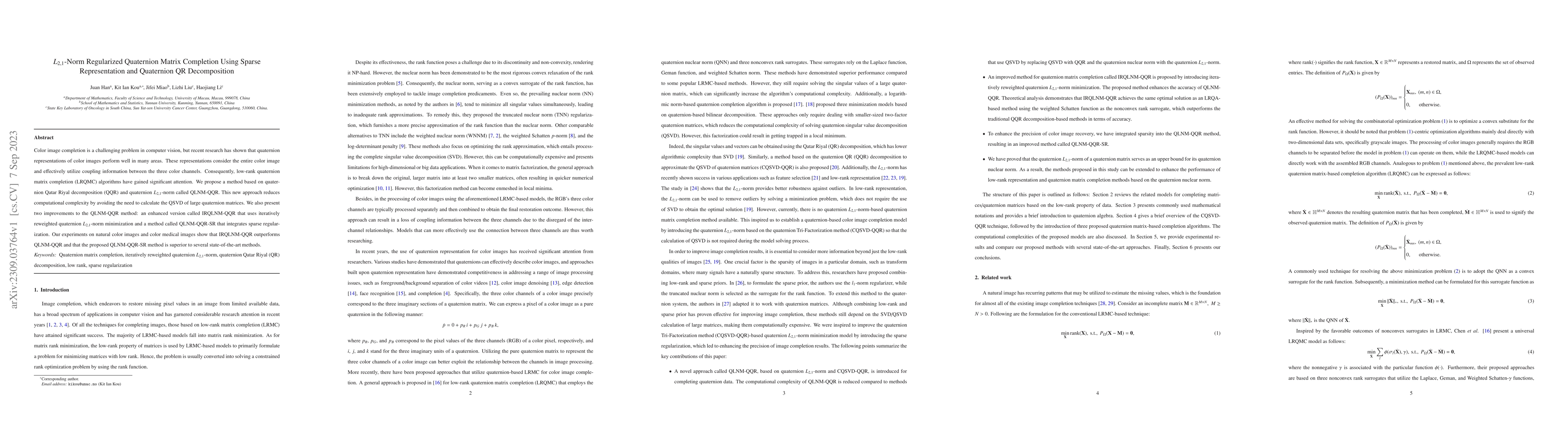 Thumbnail for $L_{2,1}$-Norm Regularized Quaternion Matrix Completion Using Sparse
  Representation and Quaternion QR Decomposition