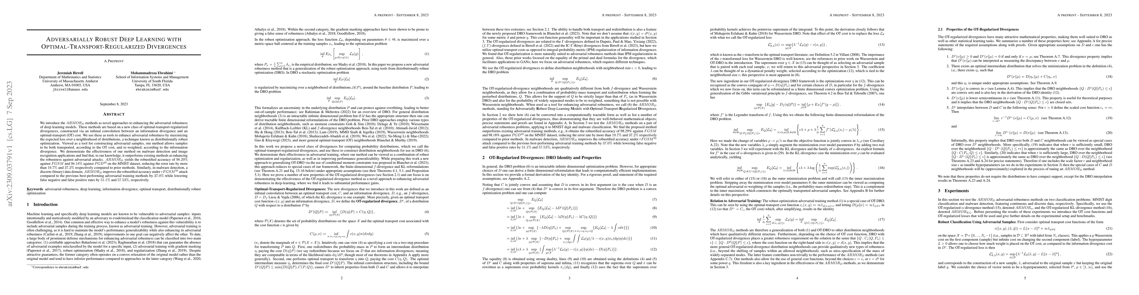 Thumbnail for Adversarially Robust Deep Learning with Optimal-Transport-Regularized
  Divergences