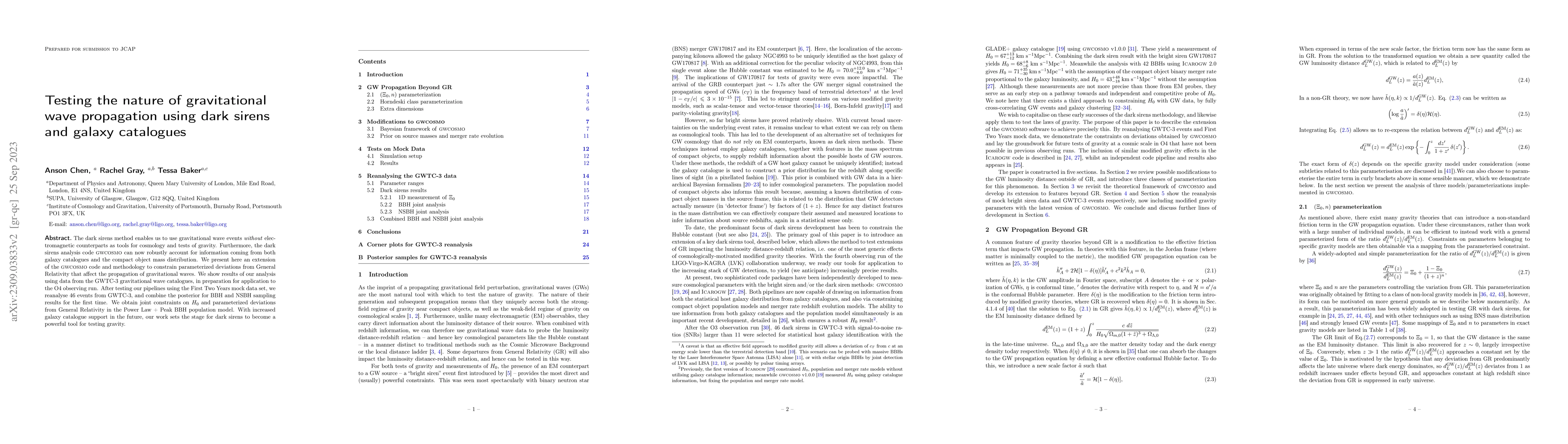 Thumbnail for Testing the nature of gravitational wave propagation using dark sirens
  and galaxy catalogues