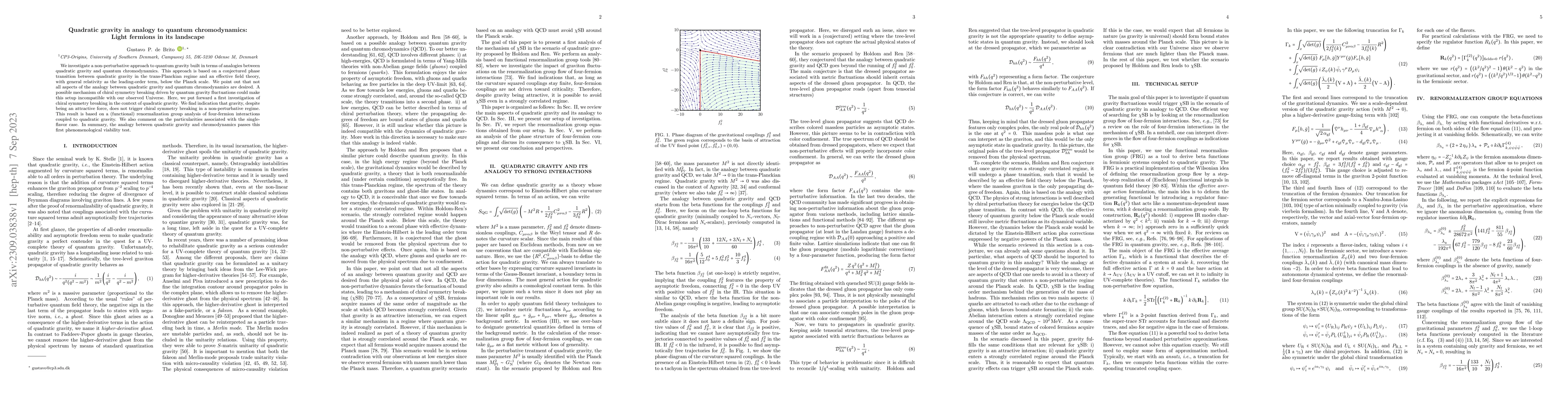 Thumbnail for Quadratic gravity in analogy to quantum chromodynamics: Light fermions
  in its landscape