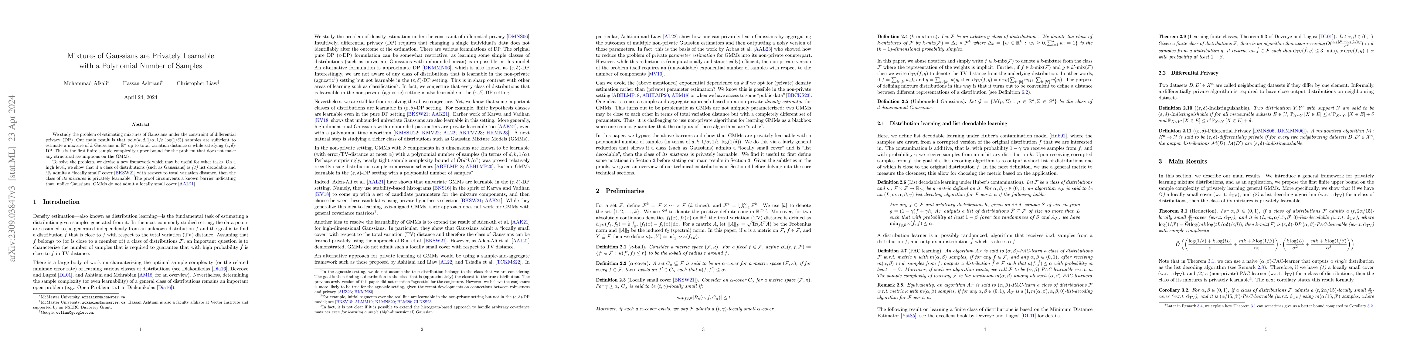Thumbnail for Mixtures of Gaussians are Privately Learnable with a Polynomial Number
  of Samples