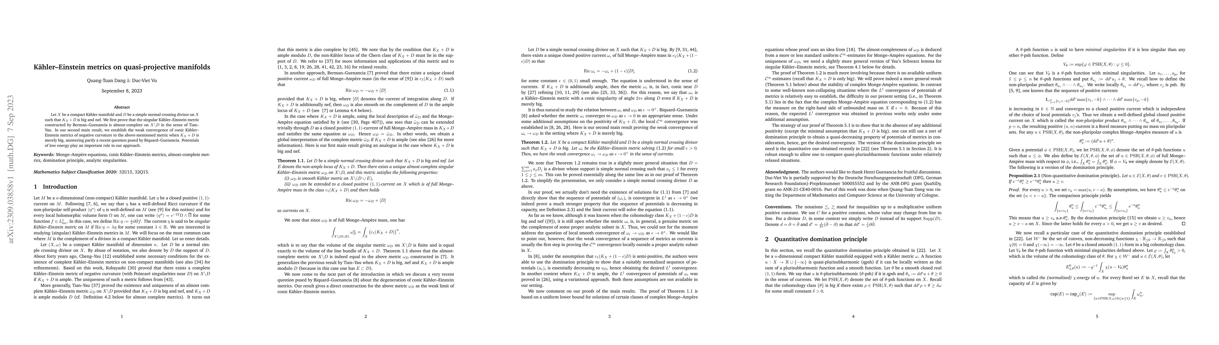 Thumbnail for K\"ahler--Einstein metrics on quasi-projective manifolds