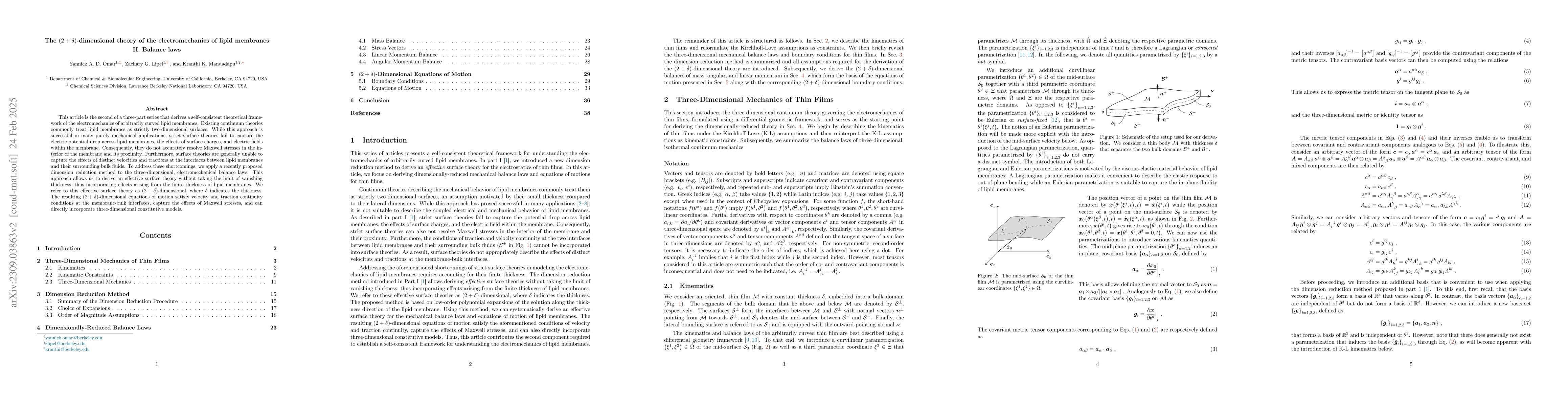 Thumbnail for The $(2+\delta)$-dimensional theory of the electromechanics of lipid
  membranes: II. Balance laws