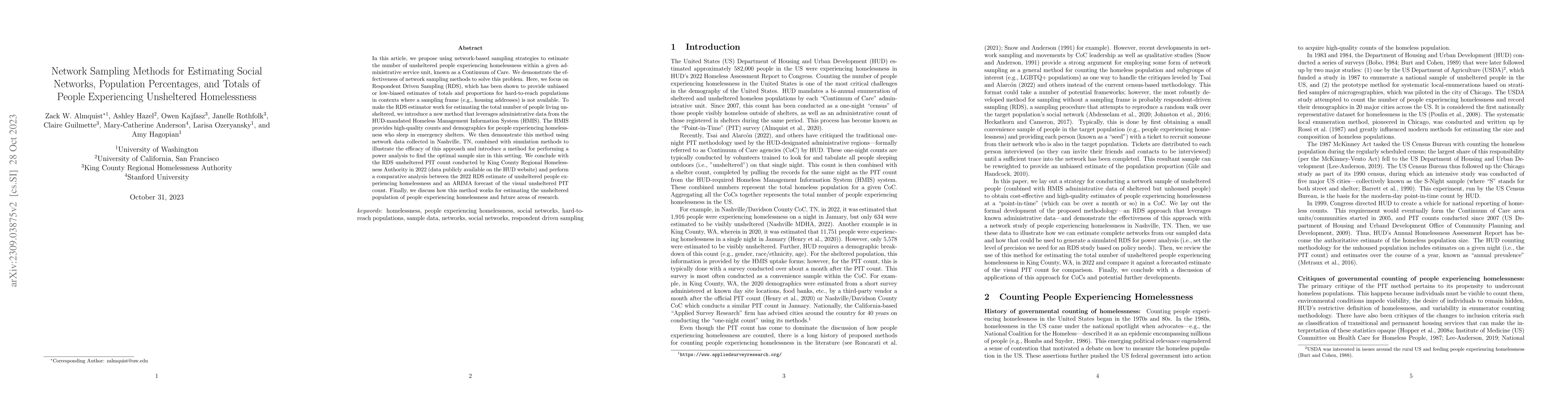 Thumbnail for Network Sampling Methods for Estimating Social Networks, Population
  Percentages, and Totals of People Experiencing Unsheltered Homelessness