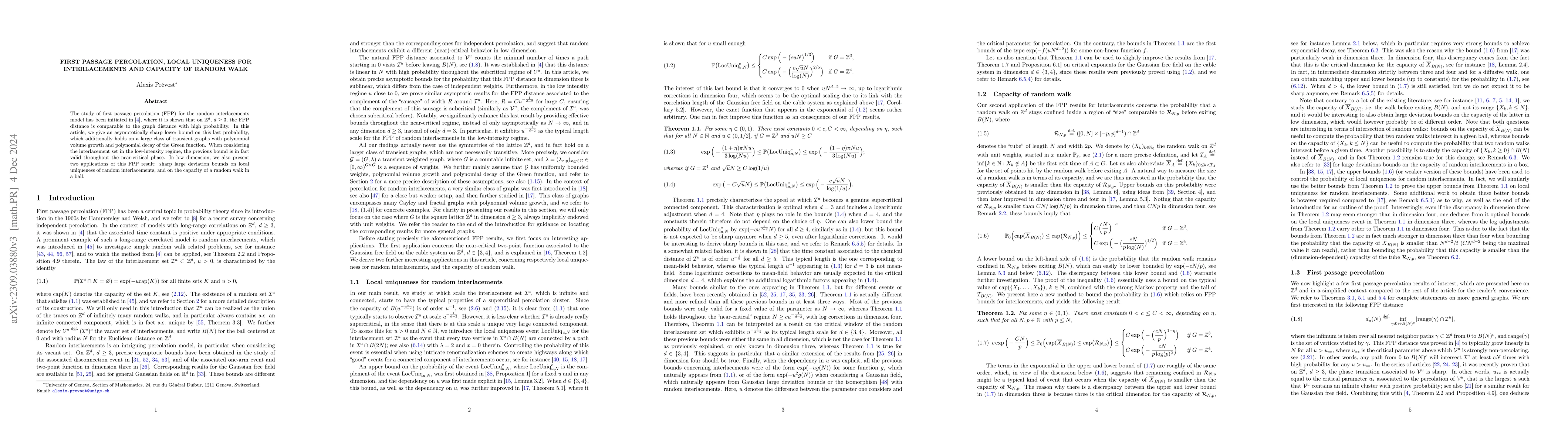 Thumbnail for First passage percolation, local uniqueness for interlacements and
  capacity of random walk