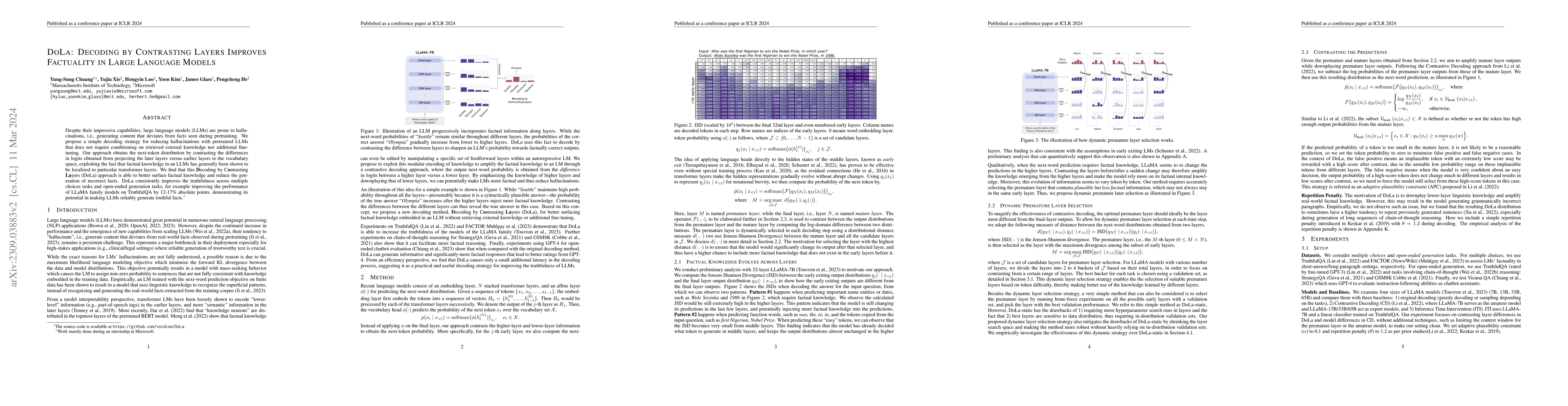 Thumbnail for DoLa: Decoding by Contrasting Layers Improves Factuality in Large
  Language Models