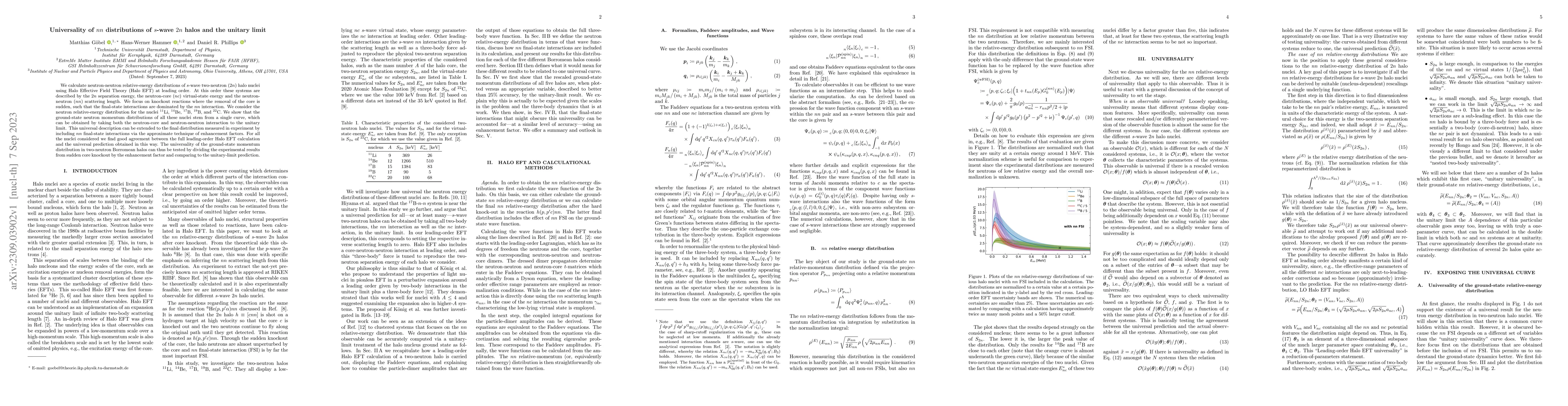 Thumbnail for Universality of $nn$ distributions of $s$-wave $2n$ halos and the
  unitary limit