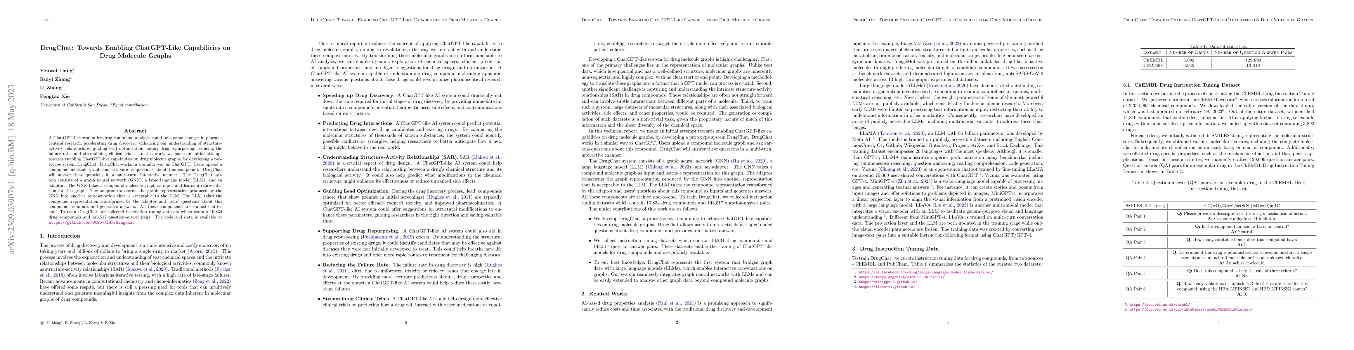 Thumbnail for DrugChat: Towards Enabling ChatGPT-Like Capabilities on Drug Molecule
  Graphs