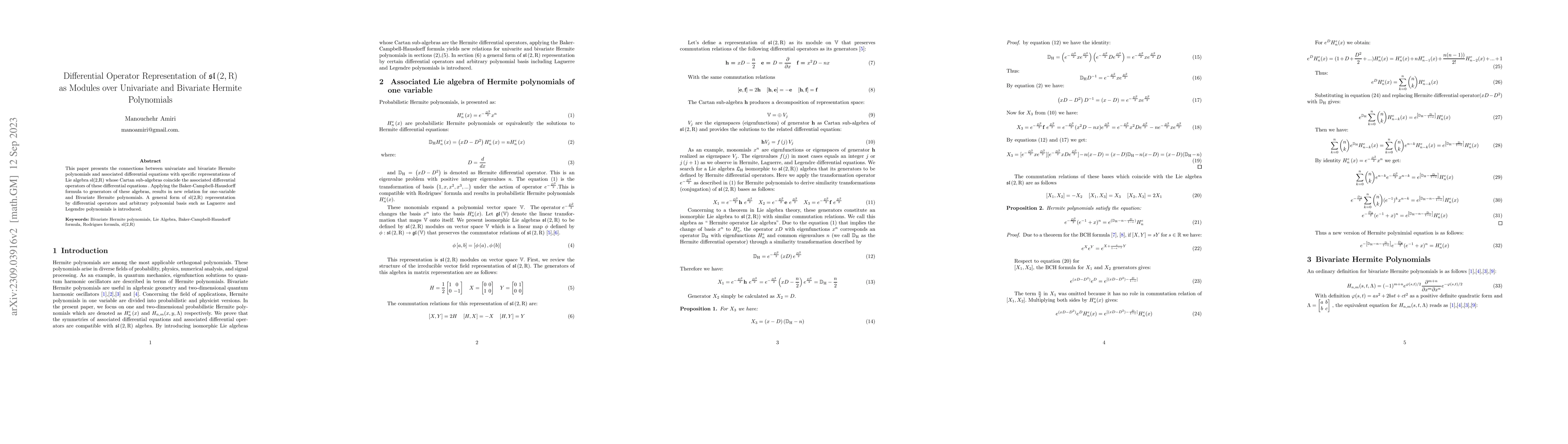 Thumbnail for Differential Operator Representation of sl (2, R) as Modules over
  Univariate and Bivariate Hermite Polynomials