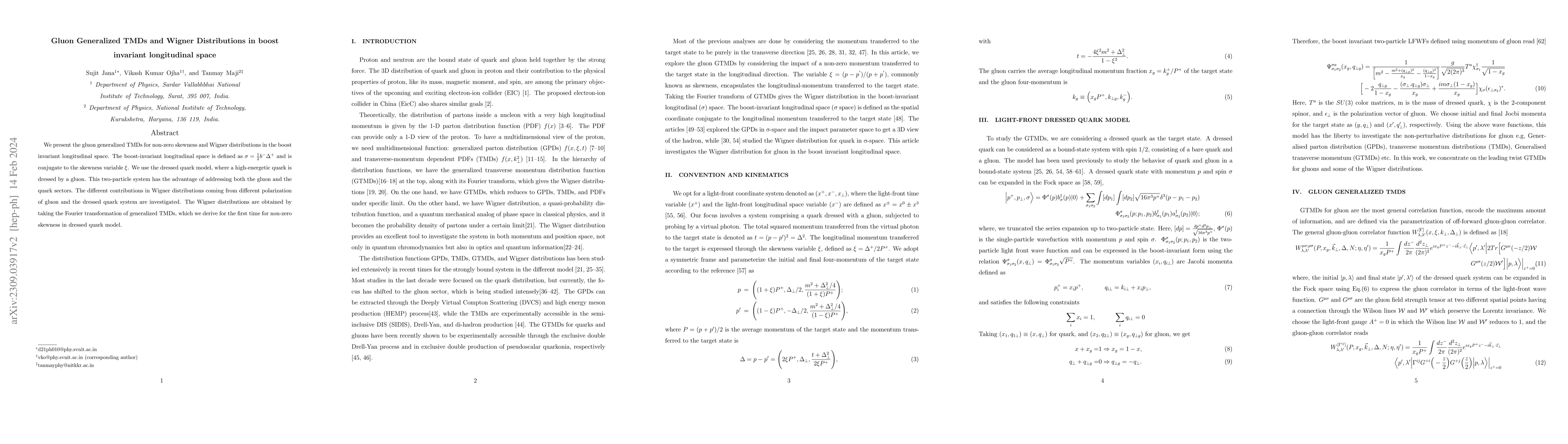 Thumbnail for Gluon Generalized TMDs and Wigner Distributions in boost invariant
  longitudinal space