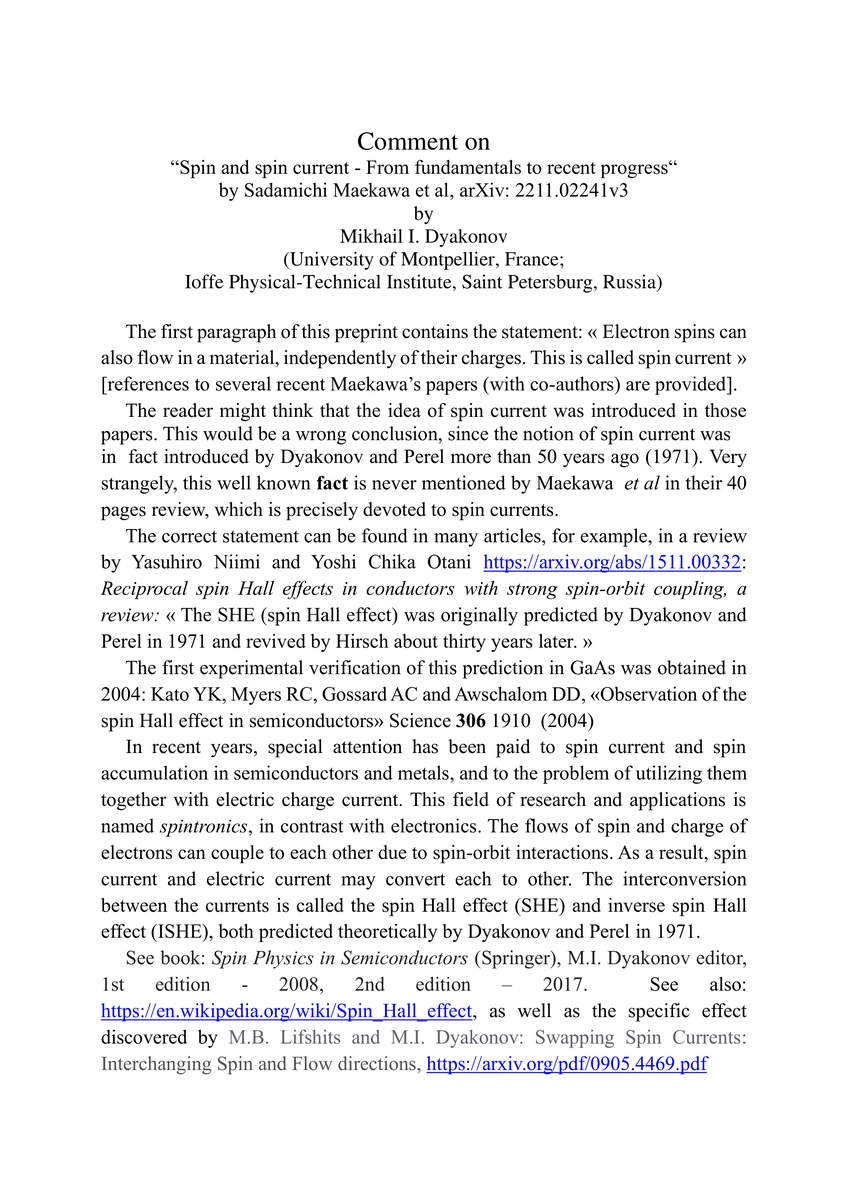 Thumbnail for Comment on "Spin and spin current -- From fundamentals to recent
  progress", by Sadamichi Maekawa et al, arXiv: 2211.02241v3