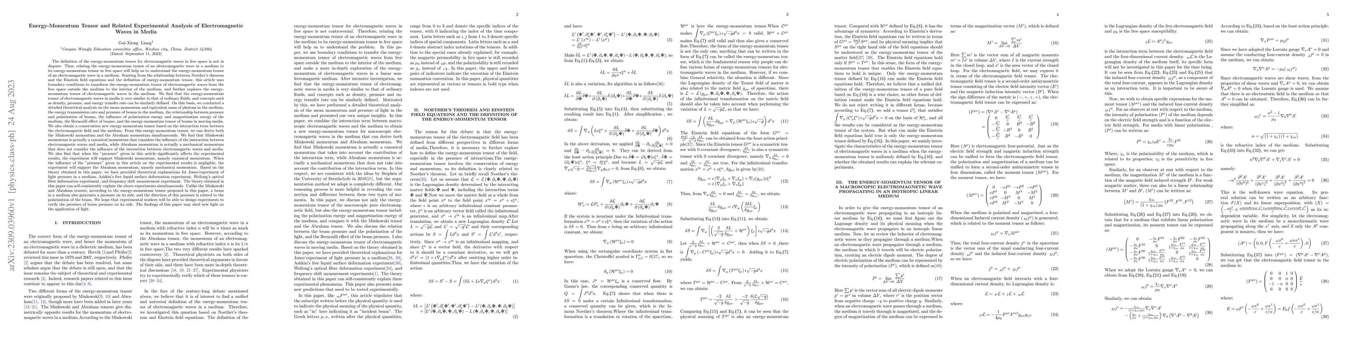 Thumbnail for Energy-Momentum Tensor and Related Experimental Analysis of
  Electromagnetic Waves in Media