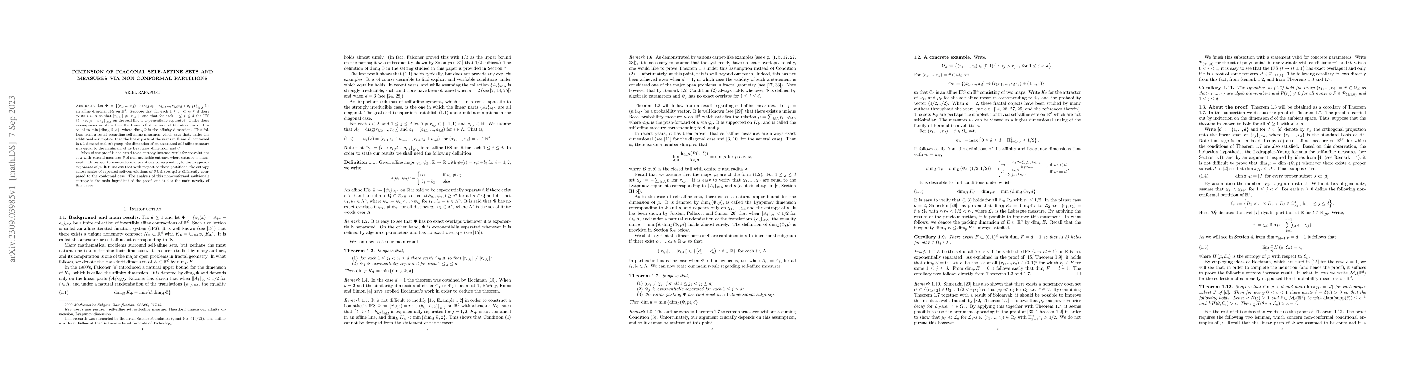 Thumbnail for Dimension of diagonal self-affine sets and measures via non-conformal
  partitions