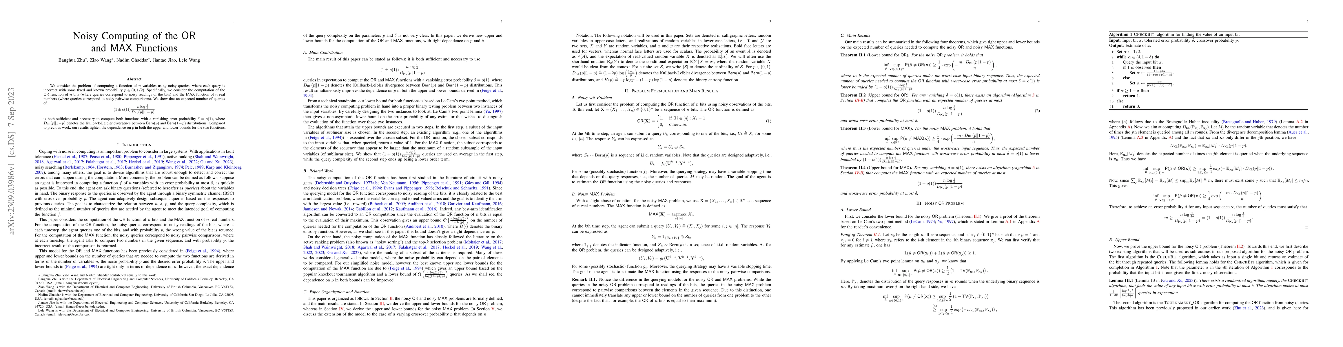 Thumbnail for Noisy Computing of the $\mathsf{OR}$ and $\mathsf{MAX}$ Functions