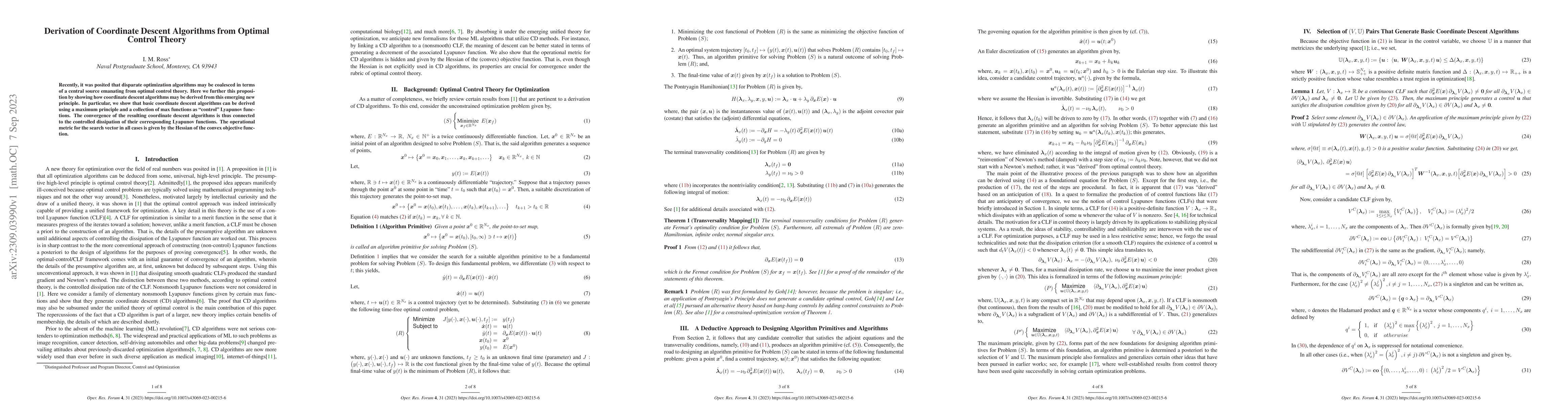 Thumbnail for Derivation of Coordinate Descent Algorithms from Optimal Control Theory