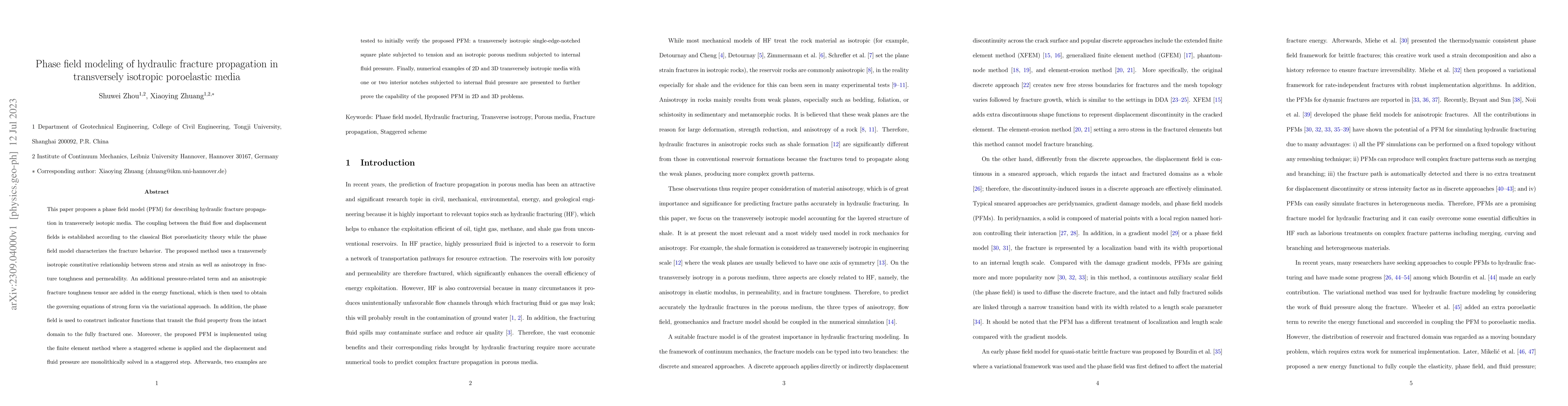 Thumbnail for Phase field modeling of hydraulic fracture propagation in transversely
  isotropic poroelastic media
