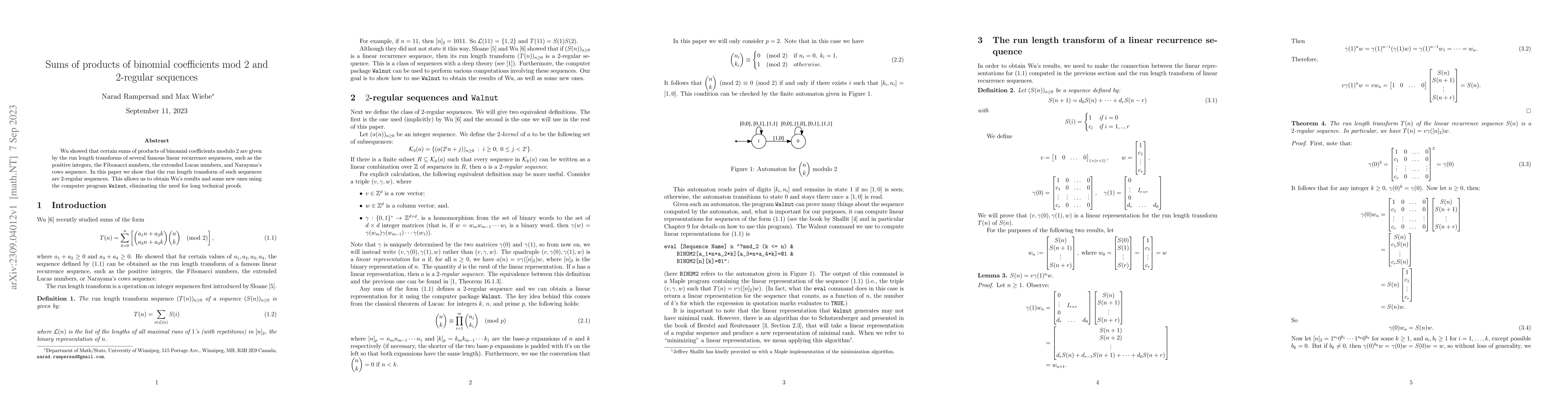 Thumbnail for Sums of products of binomial coefficients mod 2 and 2-regular sequences