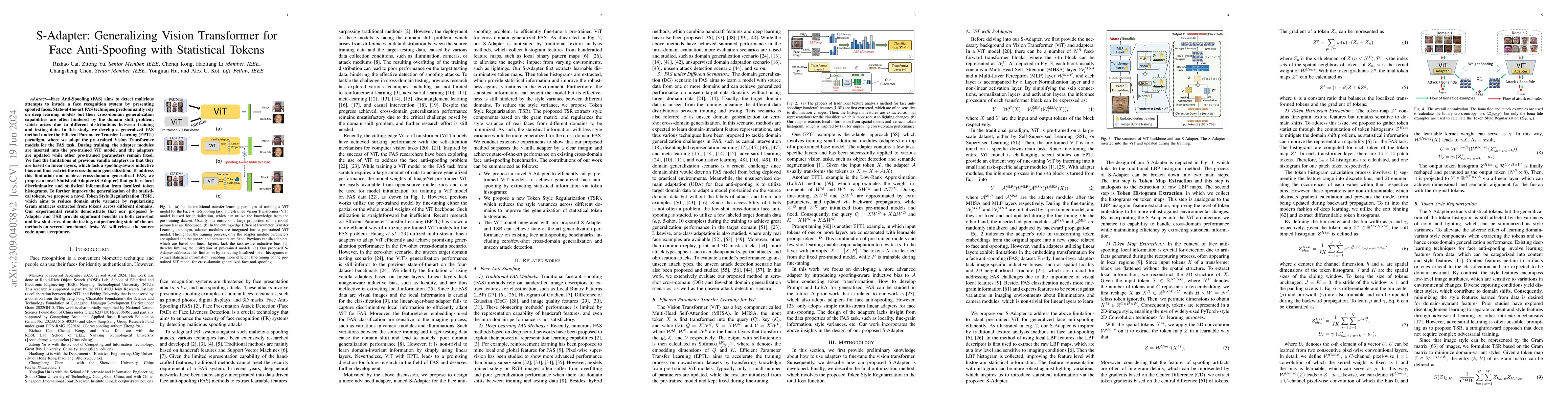Thumbnail for S-Adapter: Generalizing Vision Transformer for Face Anti-Spoofing with
  Statistical Tokens