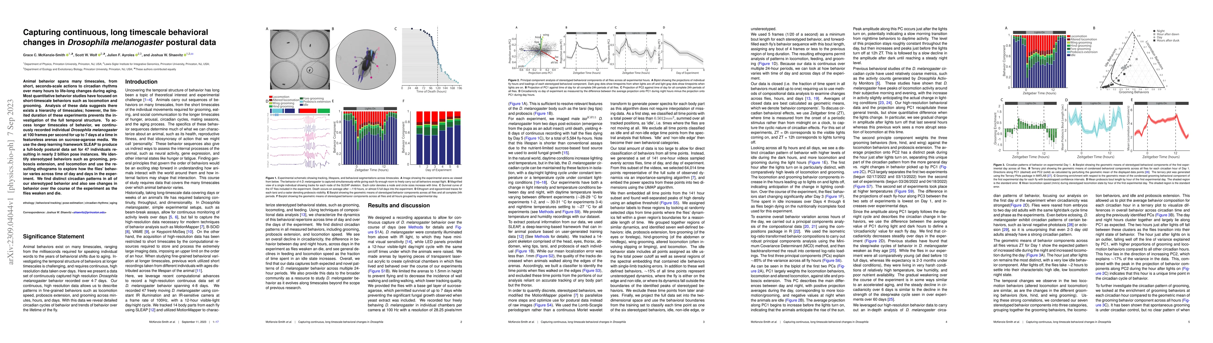 Thumbnail for Capturing continuous, long timescale behavioral changes in
  $\textit{Drosophila melanogaster}$ postural data