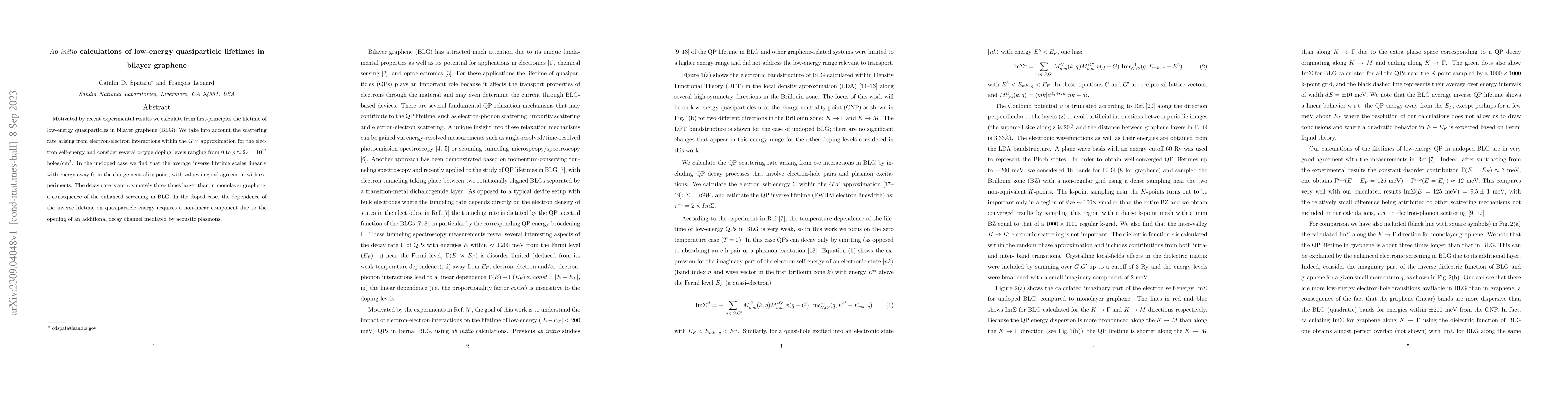 Thumbnail for Ab initio calculations of low-energy quasiparticle lifetimes in bilayer
  graphene