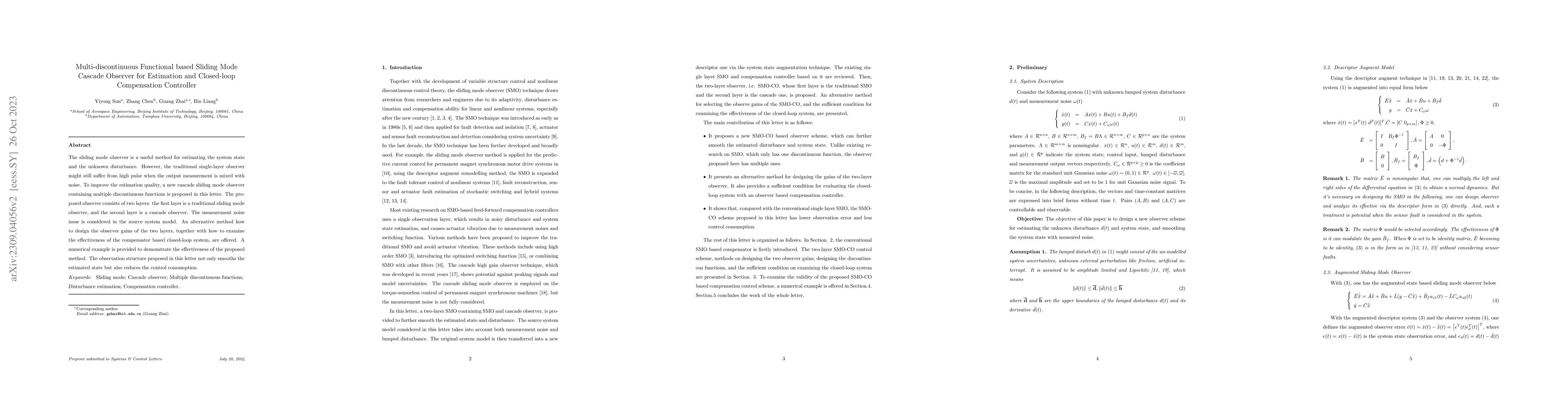 Thumbnail for Multi-discontinuous Functional based Sliding Mode Cascade Observer for
  Estimation and Closed-loop Compensation Controller
