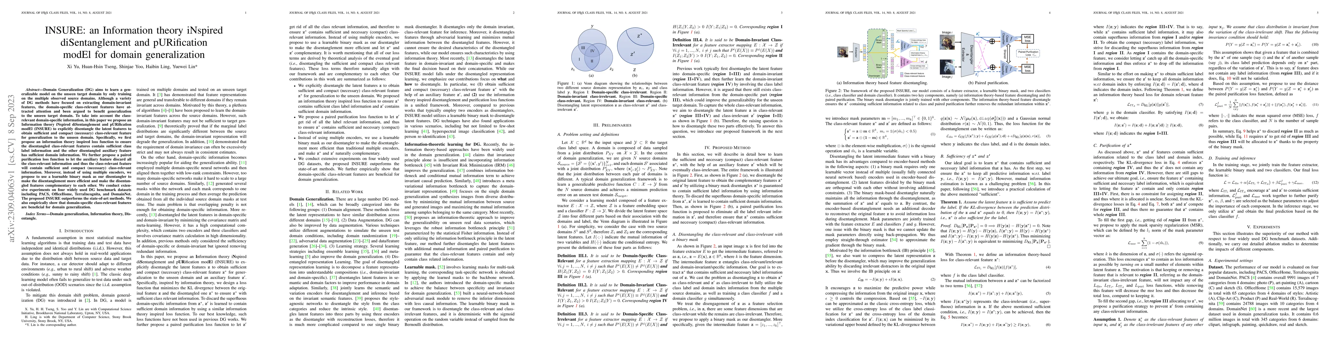 Thumbnail for INSURE: An Information Theory Inspired Disentanglement and Purification
  Model for Domain Generalization