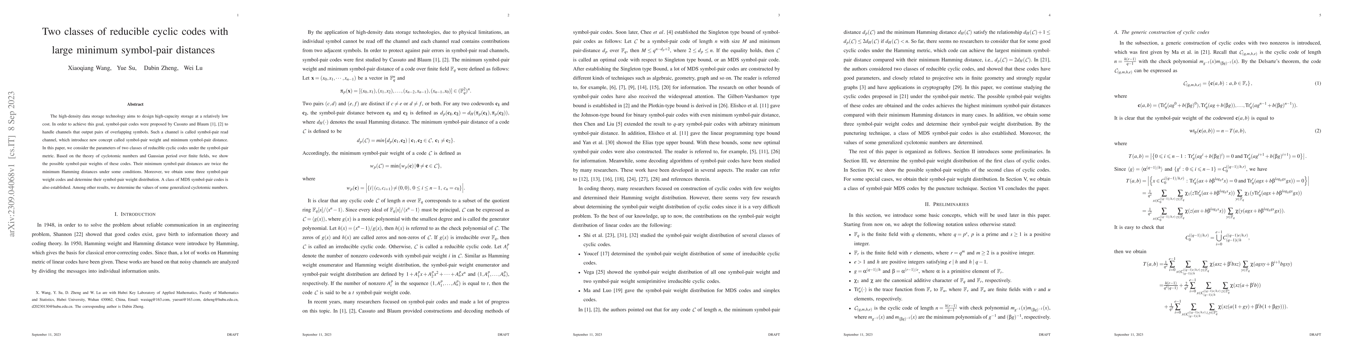 Thumbnail for Two classes of reducible cyclic codes with large minimum symbol-pair
  distances