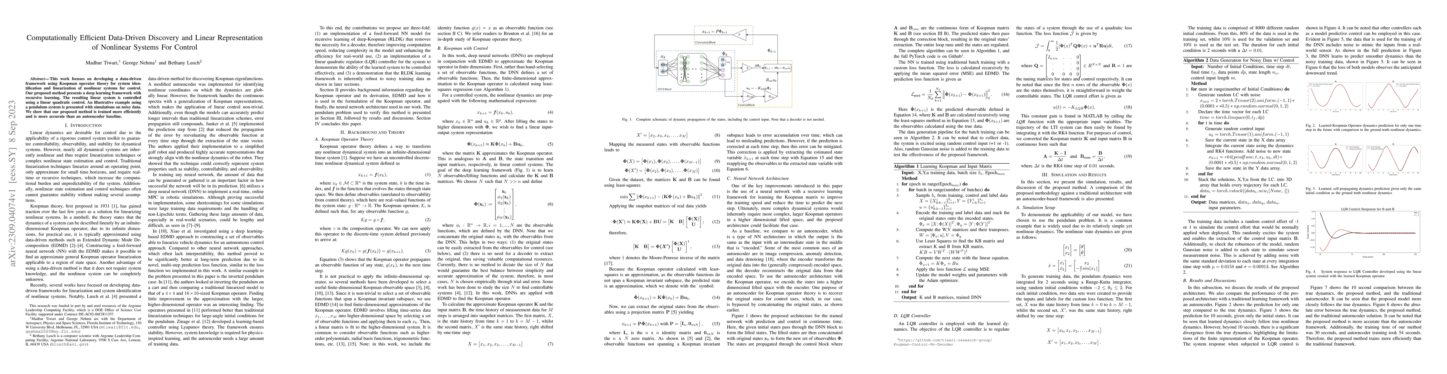 Thumbnail for Computationally Efficient Data-Driven Discovery and Linear
  Representation of Nonlinear Systems For Control