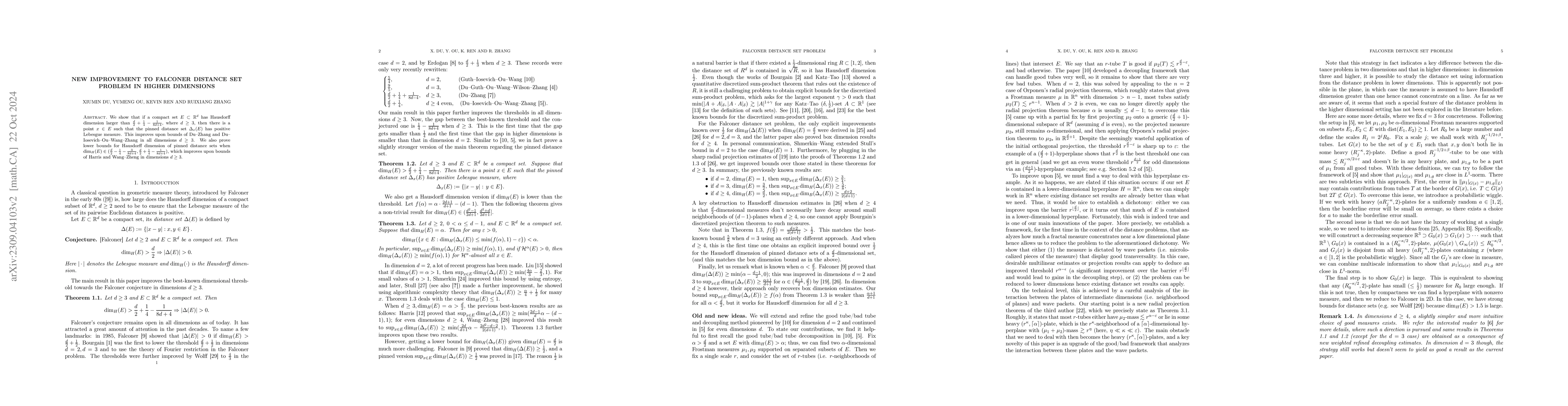 Thumbnail for New improvement to Falconer distance set problem in higher dimensions