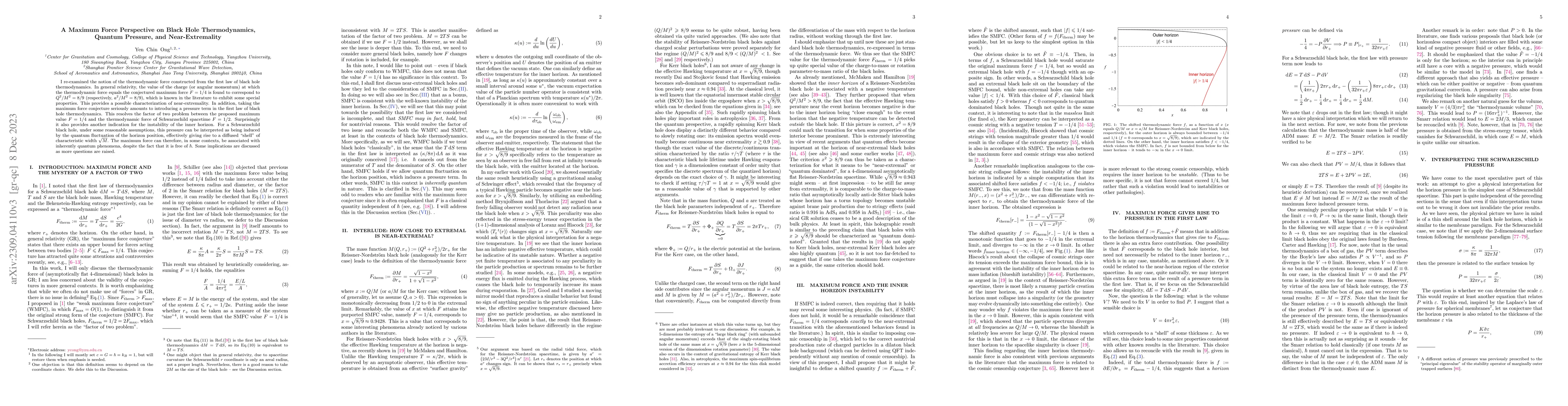 Thumbnail for A Maximum Force Perspective on Black Hole Thermodynamics, Quantum
  Pressure, and Near-Extremality