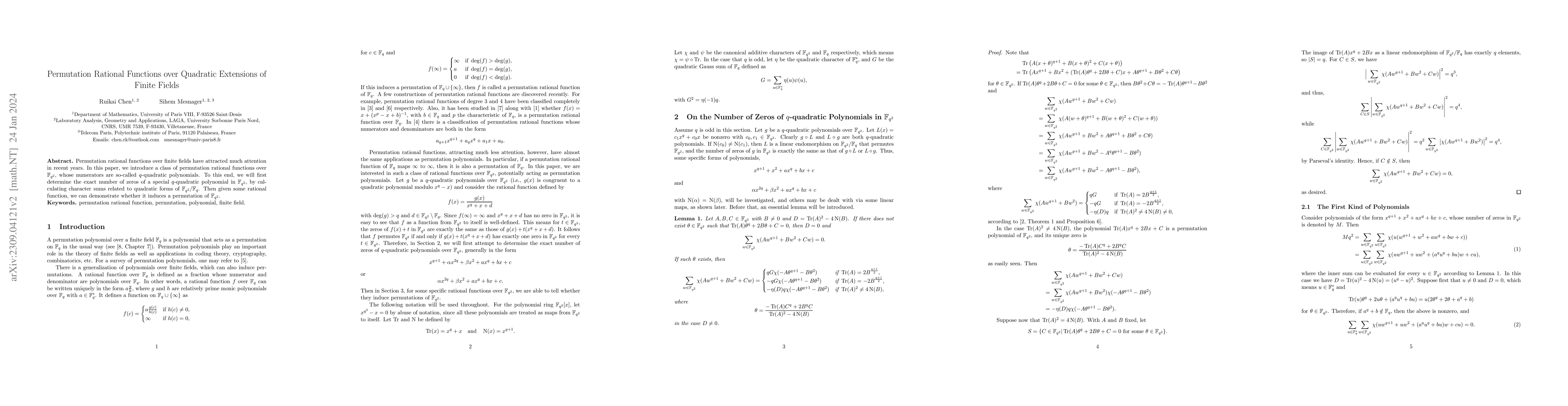 Thumbnail for Permutation Rational Functions over Quadratic Extensions of Finite
  Fields