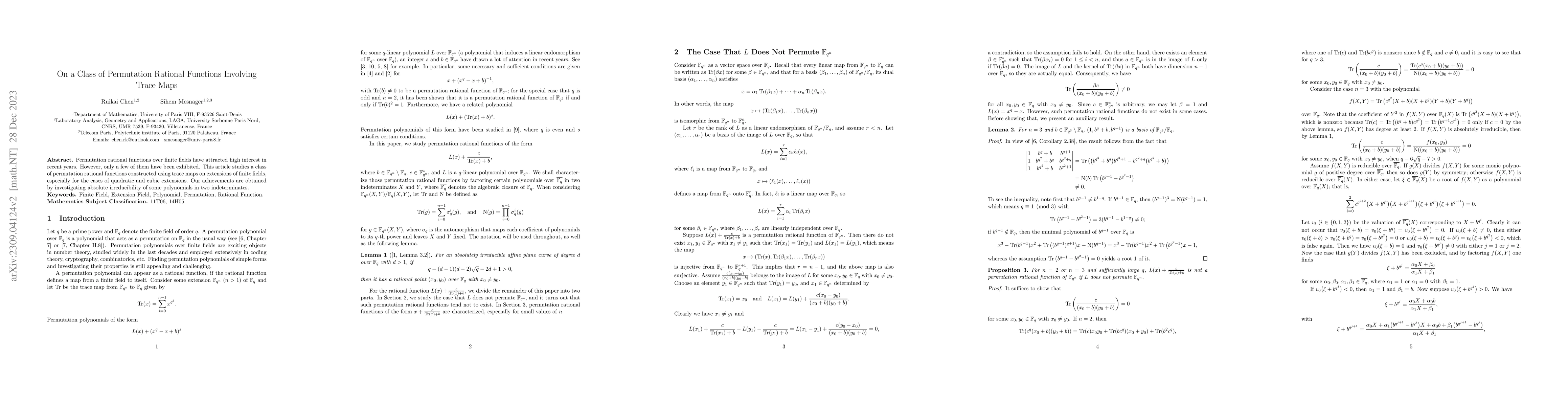 Thumbnail for On a Class of Permutation Rational Functions Involving Trace Maps