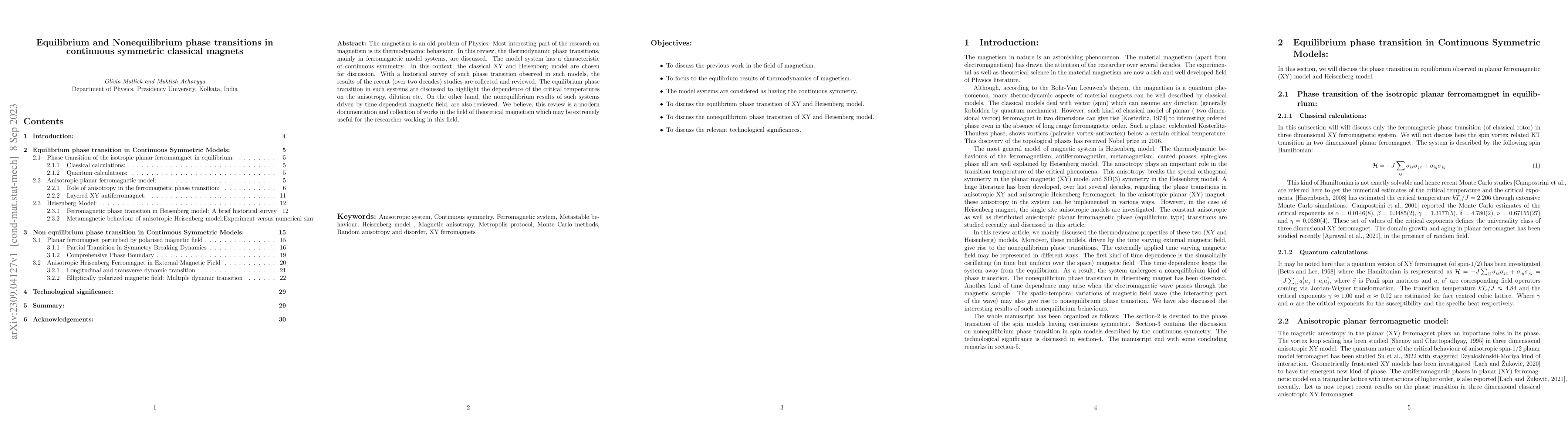 Thumbnail for Equilibrium and Nonequilibrium phase transitions in continuous symmetric
  classical magnets