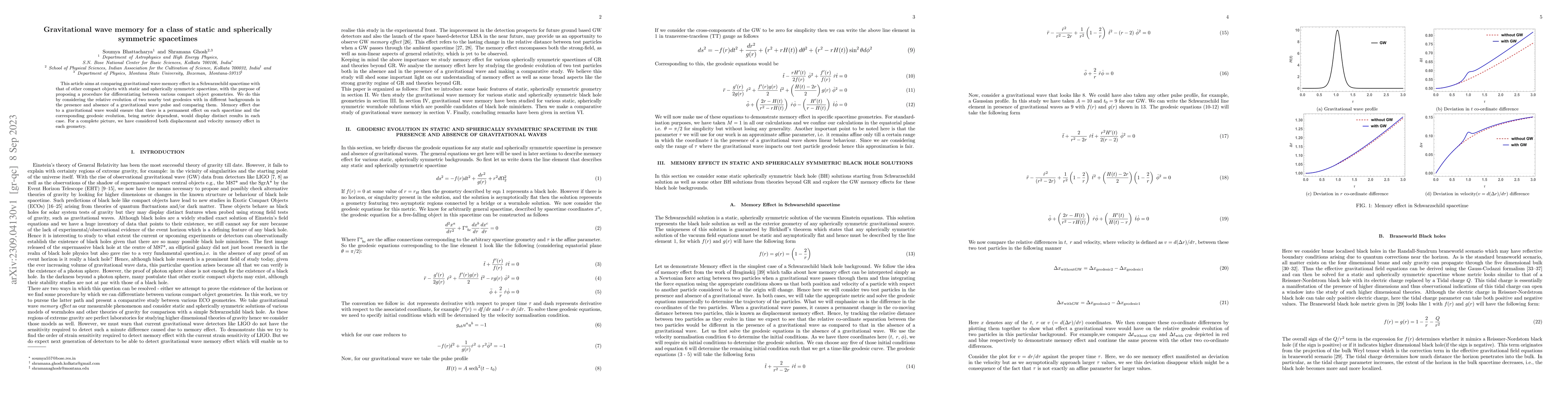 Thumbnail for Gravitational wave memory for a class of static and spherically
  symmetric spacetimes