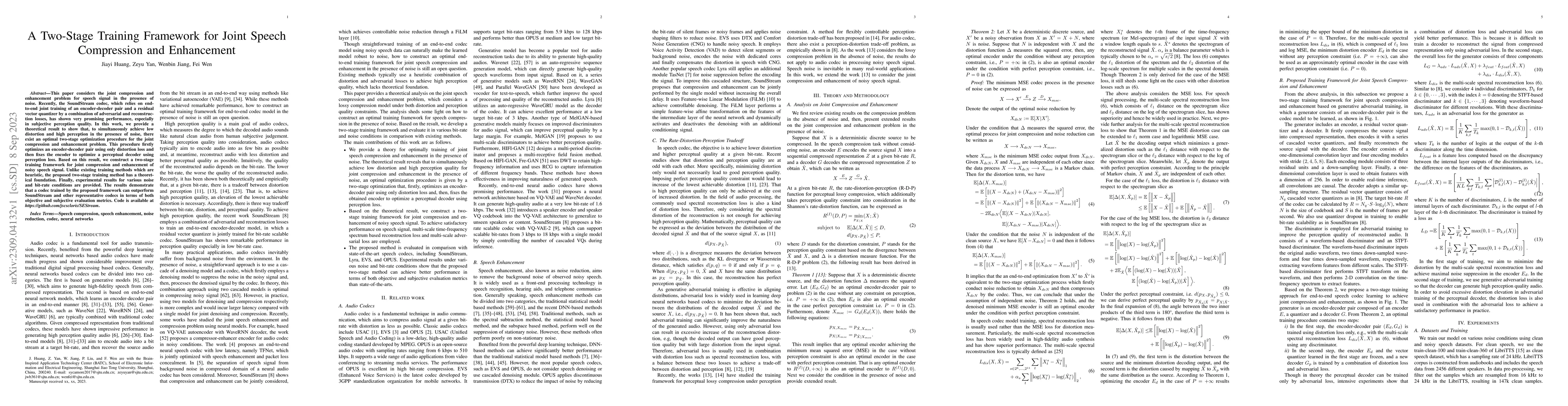 Thumbnail for A Two-Stage Training Framework for Joint Speech Compression and
  Enhancement